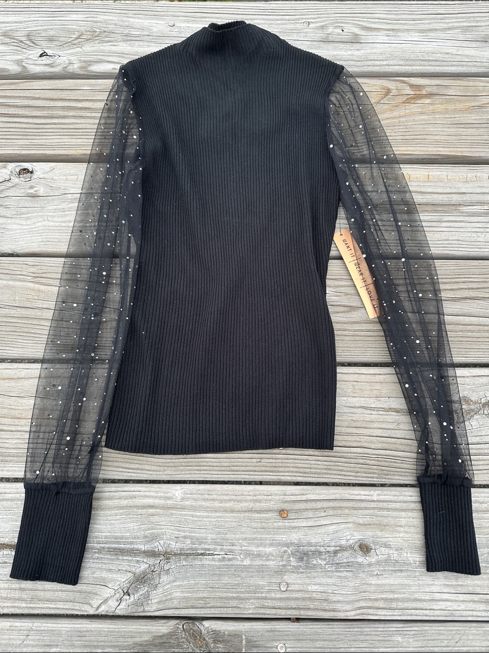 Almost Famous Black Ribbed Mock Neck Top with Sheer Polka-Dot Sleeves